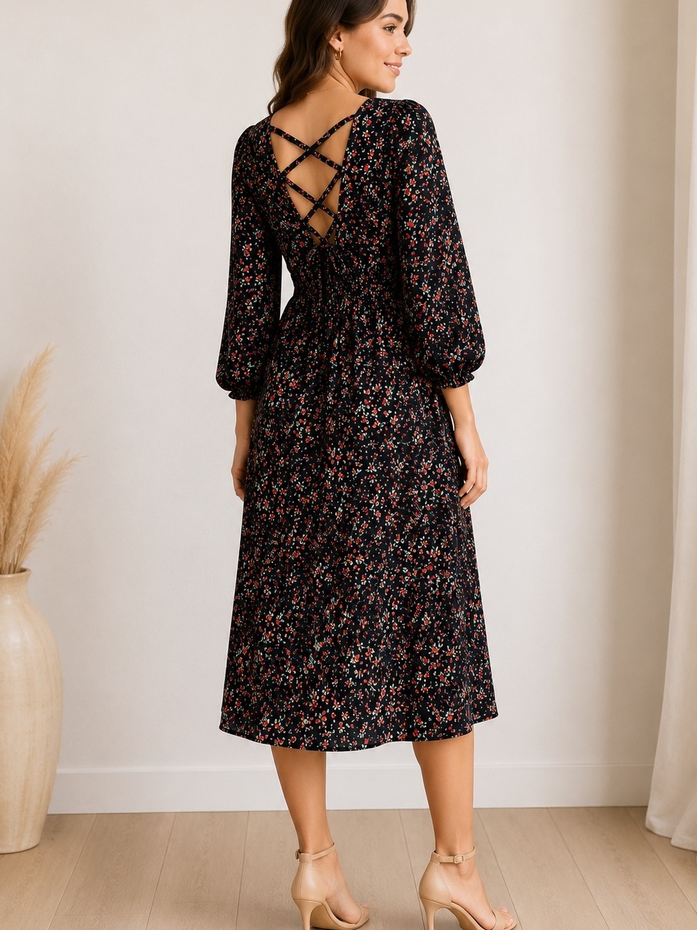 Black Floral Midi Dress with Crisscross Back, Elastic on waist. Size L